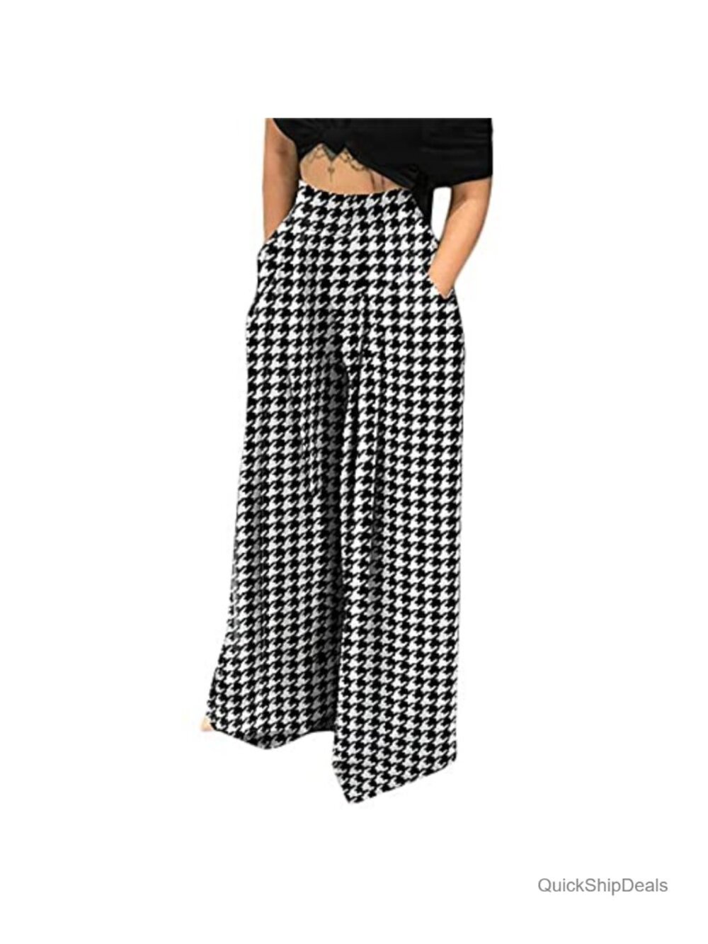 High Waisted Wide Leg Palazzo Pants with Pockets Houndstooth Flowy Trousers